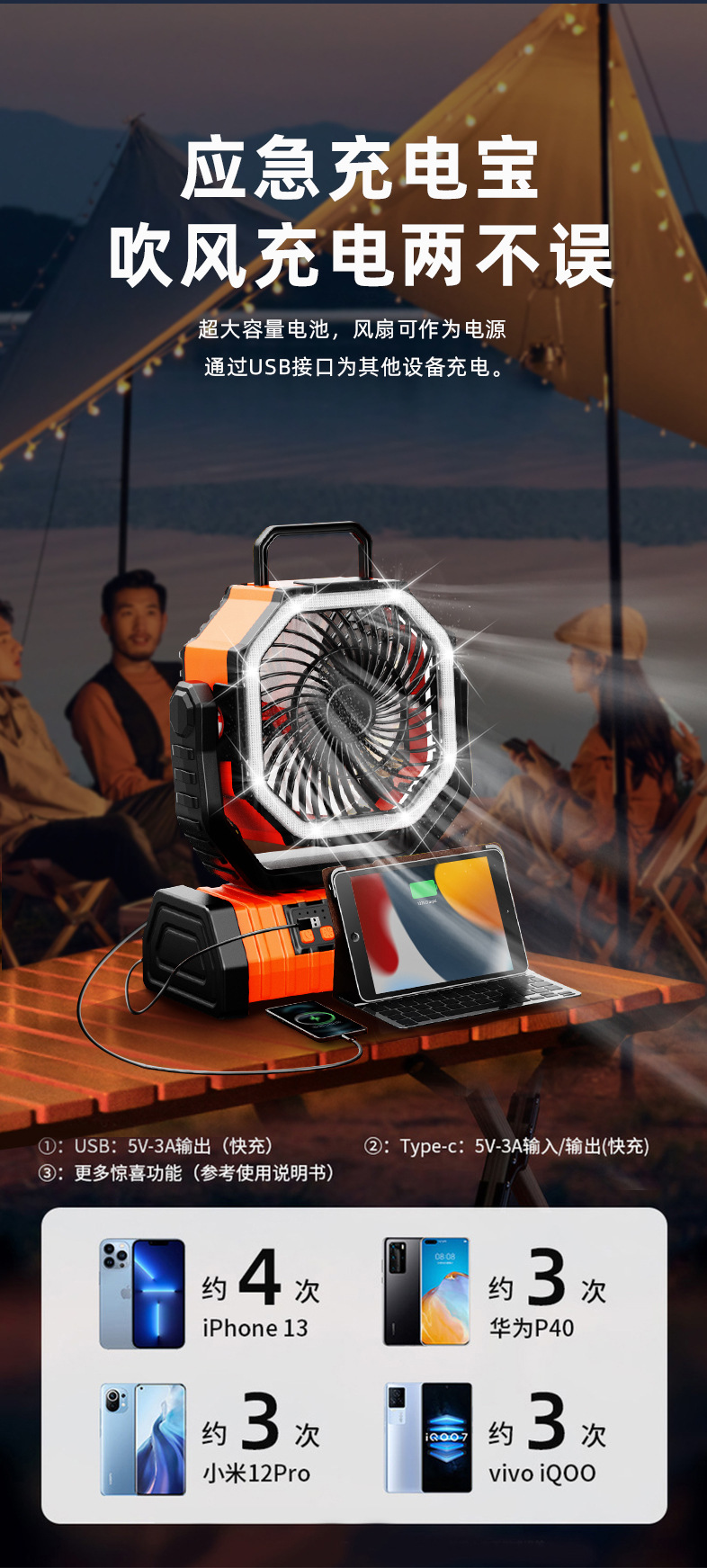 户外露营多功能风扇大容量长续航便携悬挂帐篷LED照明家用电器详情9
