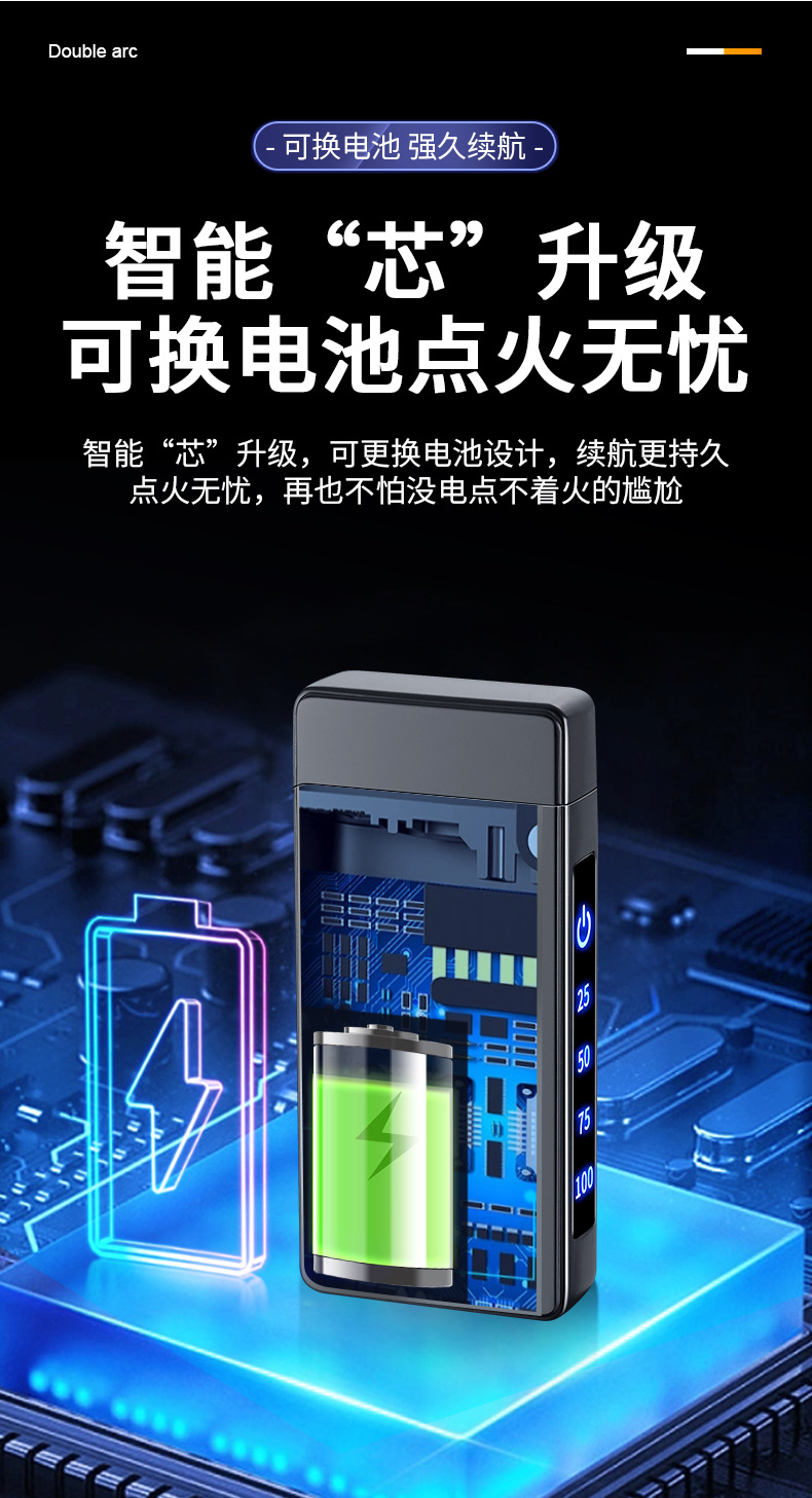 2025创新可换电池type-c快充双电弧打火机防风usb智能点火器批发详情11