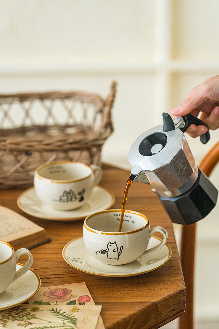 可爱卡通治愈插画日式猫咪陶瓷咖啡杯碟下午茶拿铁拉花杯高级感咖啡具套装详情7