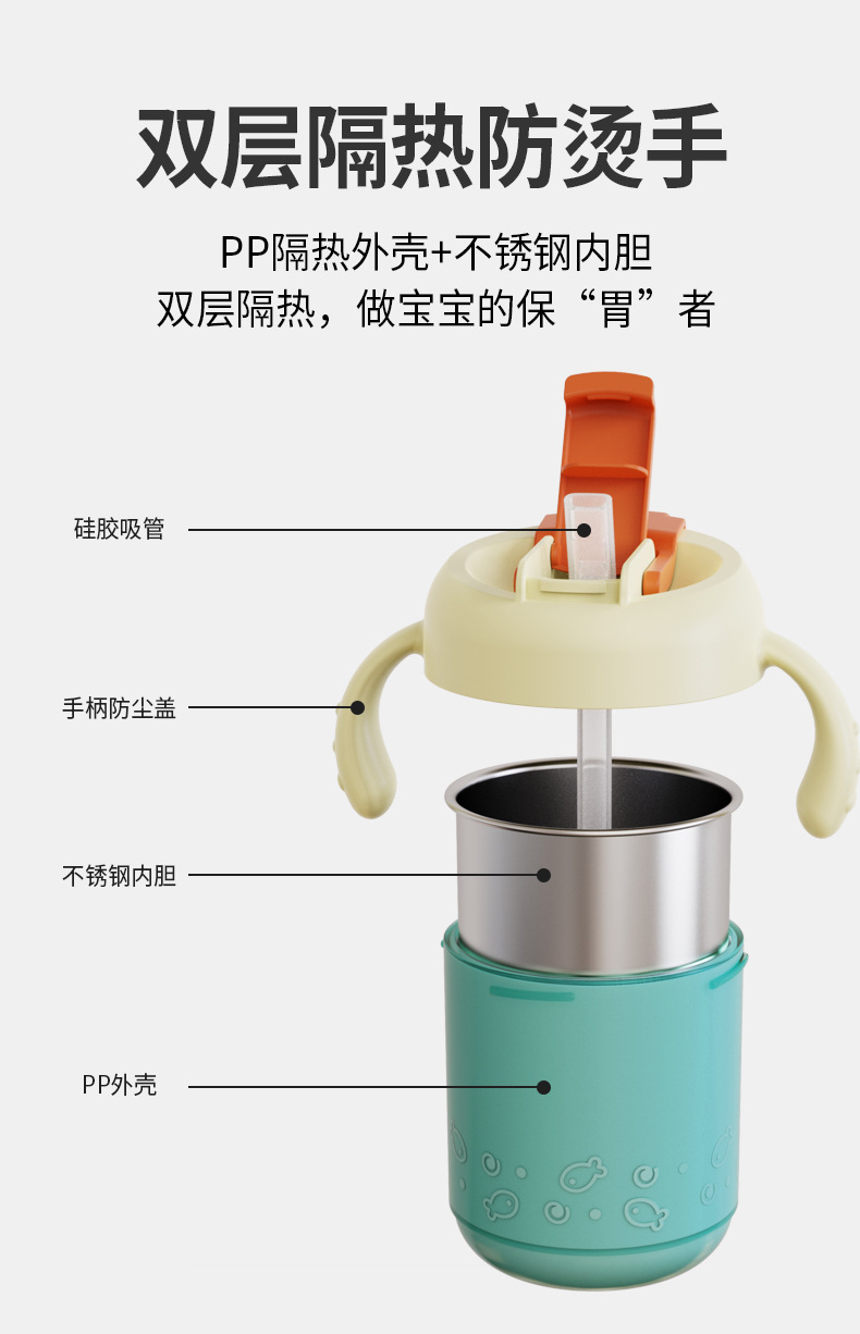 Jiayi babi niños acero inoxidable taza de leche cubiertos tazas graduadas al por mayor taza de agua resistente a la caída taza de bebida de aprendizaje taza de pajita pic 6