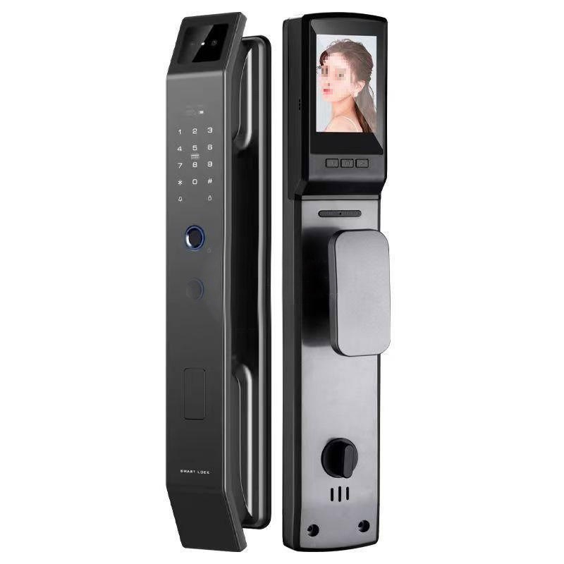 The black smart door lock features a 3D facial recognition screen, a digital keyboard, a handle and a lock tongue structure pic 16