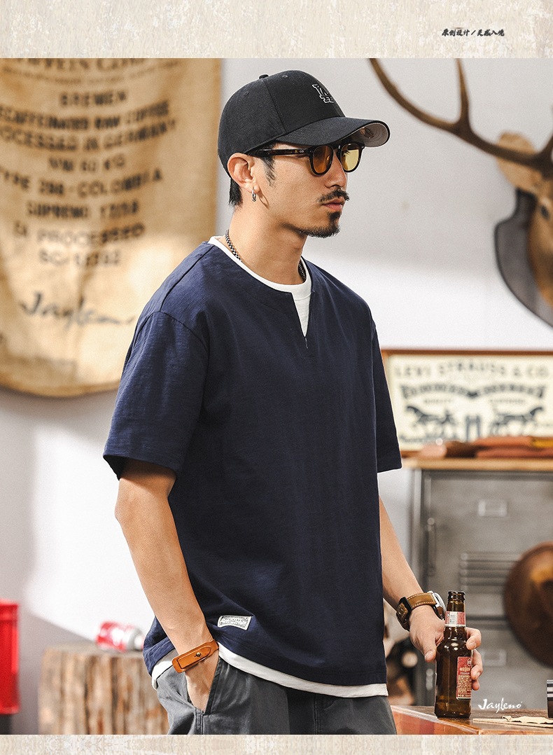 美式复古假两件竹节棉凉感短袖t恤男2025新款夏季亨利领polo衫男详情16