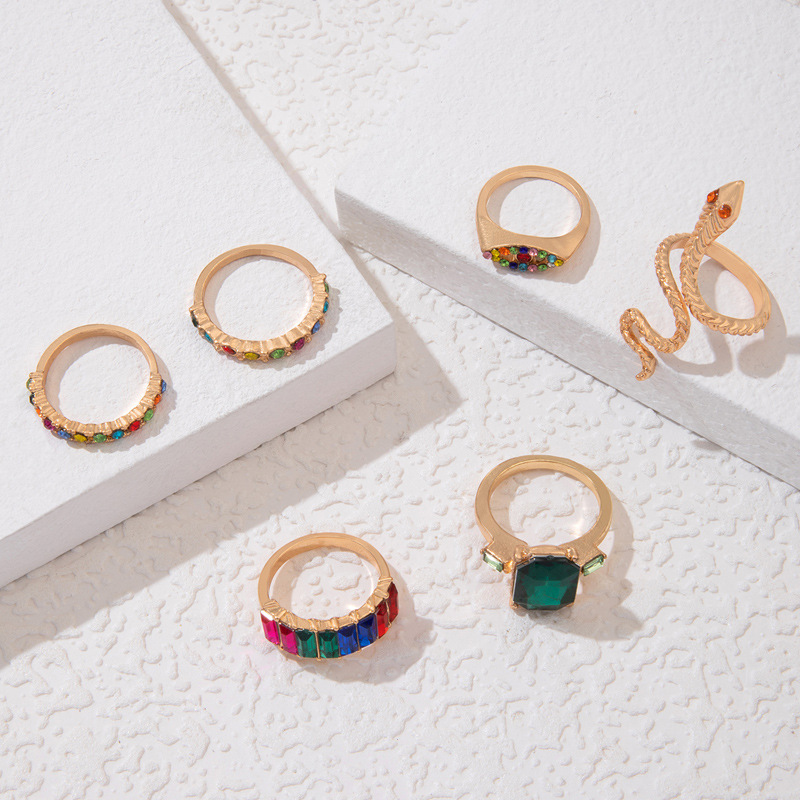 欧美流行饰品戒指手饰 蛇形爱心仿绿宝石镶钻ins风五件套戒指女详情24