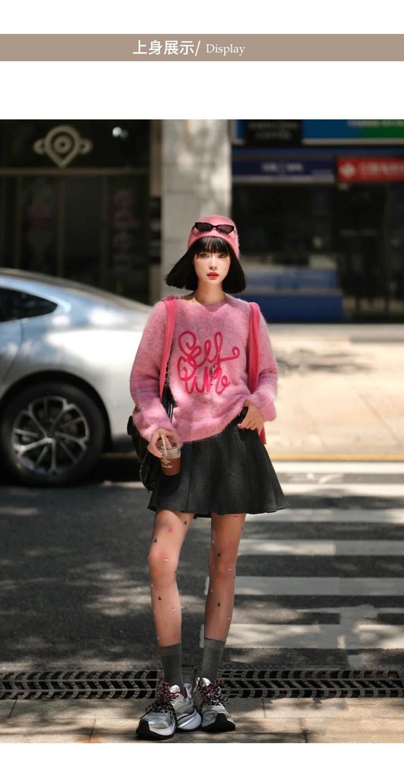 羊毛混纺粉色字母毛衣女2025新款秋冬宽松保暖慵懒针织衫上衣详情6