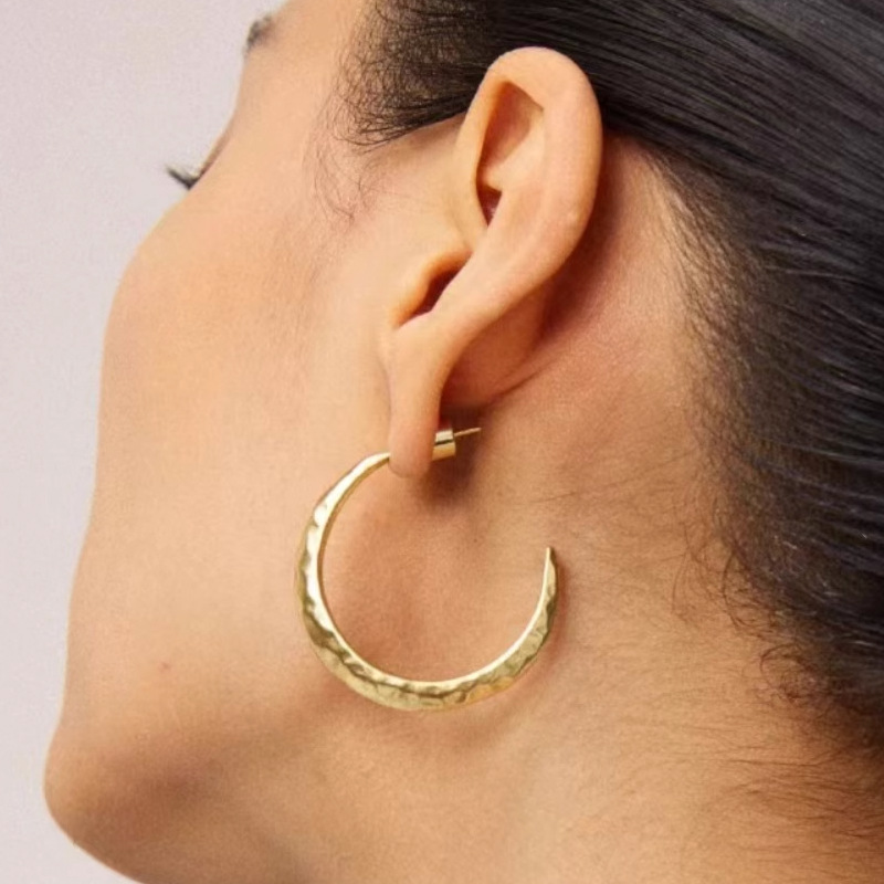 明星同款金银色锤纹大月亮耳环复古做旧C圈耳环小众设计气质个性详情7