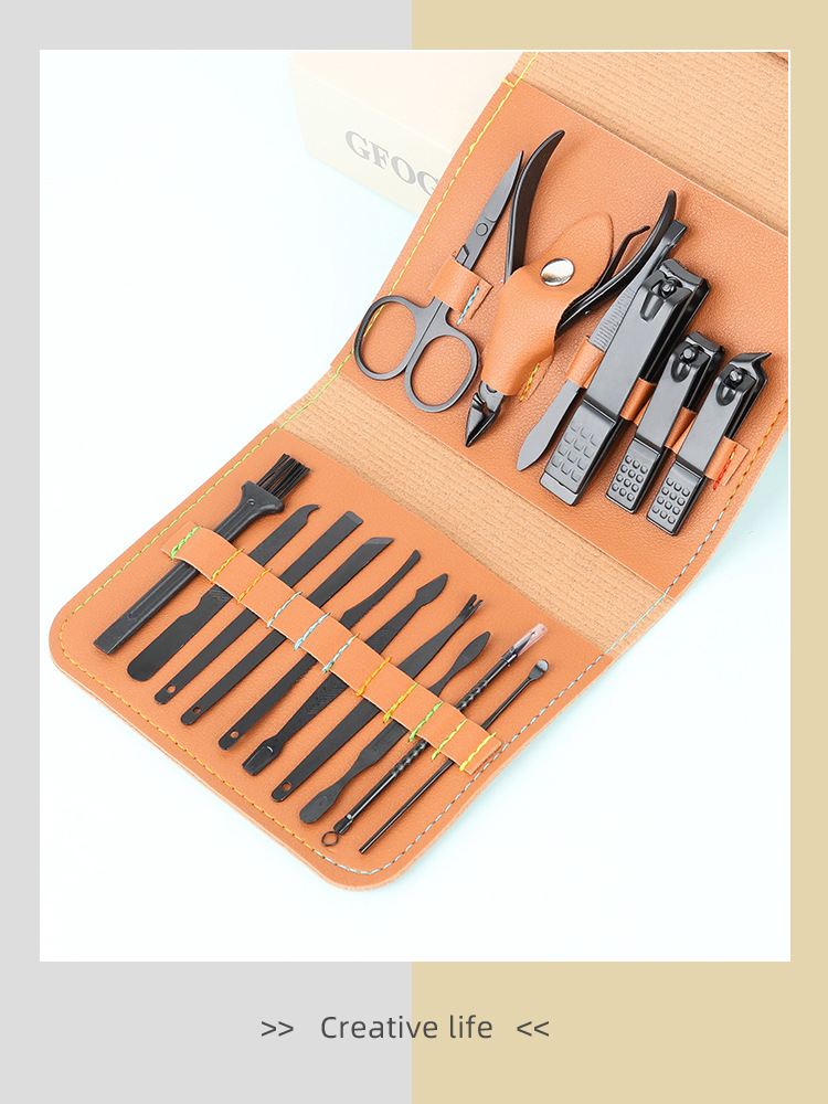 Folding leather case set of 16 pieces, nail clipper set, blackening dead skin pliers, nail clipper case, manicure tools pic 1