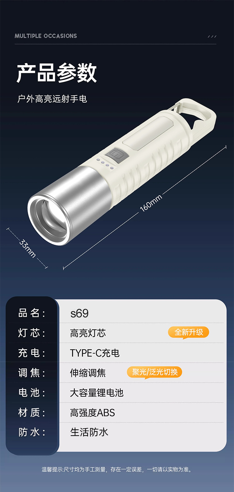 新款led手电多功能cob带侧灯电量显示手电户外伸缩变焦远射手电筒详情5