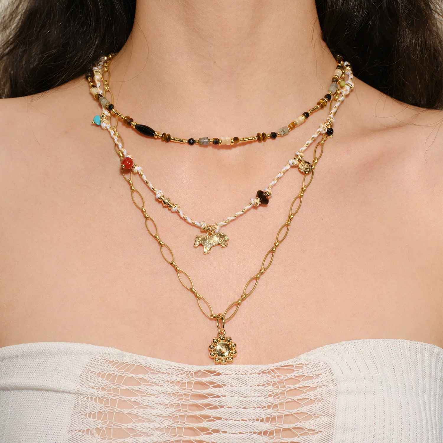 LAZY*家彩色编织小马项链 夏季度假民族风天然石玛瑙小木马锁骨链详情3