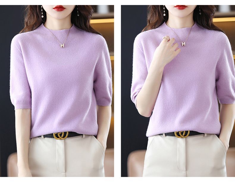 A semi-high-neck casual knitted sweater for women in spring 2023, in a solid color, paired with a half-sleeved base layer sweater T-shirt pic 25