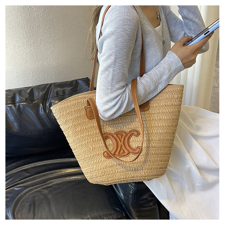 单肩草编包女士手提包大容量夏日旅游沙滩包手工编织菜篮子腋下包详情16