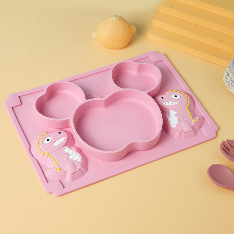 跨境热销儿童恐龙硅胶餐盘婴儿训练辅食碗叉勺围兜杯子吸碗盘餐具详情6