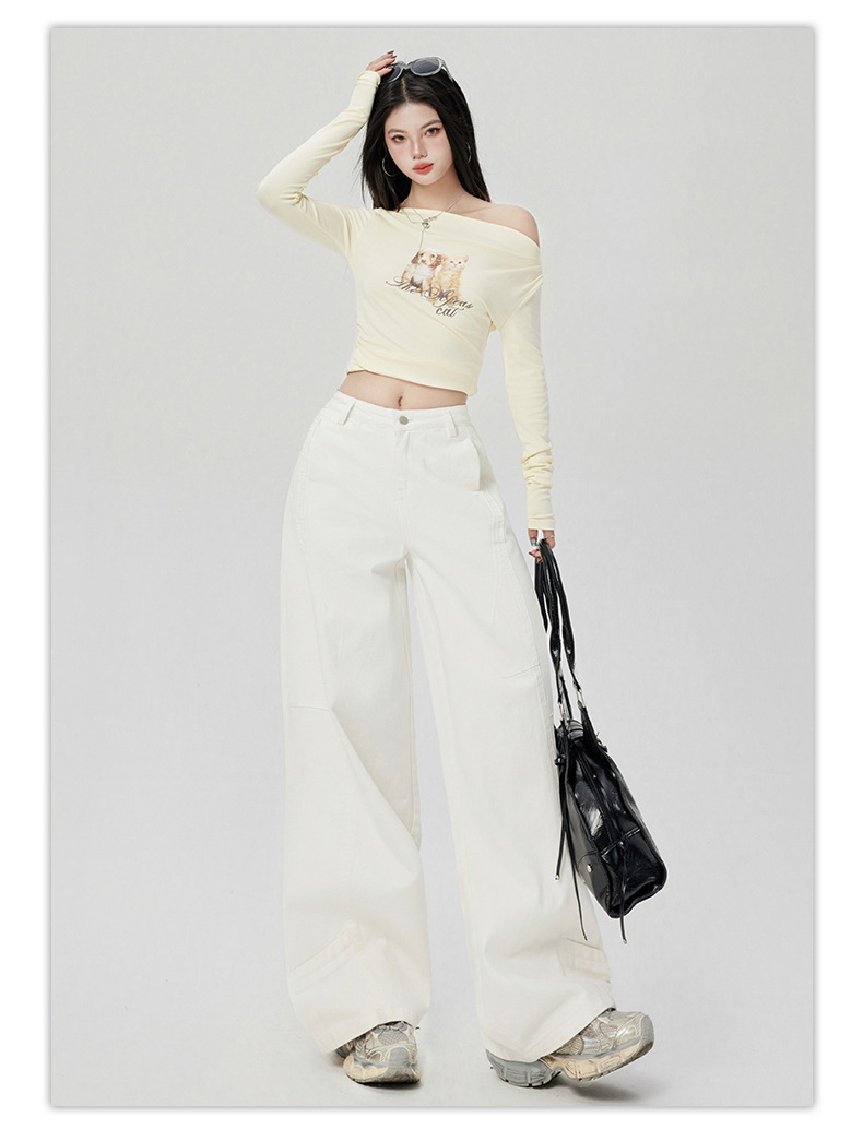 橙绢女装#美式复古压褶阔腿弯刀裤春季新款浅卡其高腰显瘦牛仔裤详情19