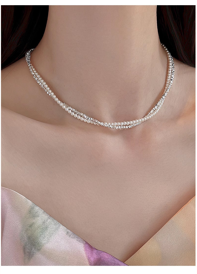 Double-layer stacked silver pearl necklace accessory for women, a light luxury and niche collarbone chain with a high-end look pic 19