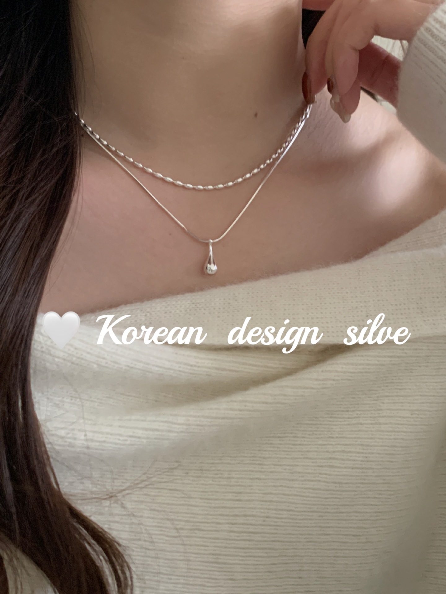 韩国小众设计亮银饰品 S925纯银双层橄榄水滴项链高级感叠戴ins风详情6