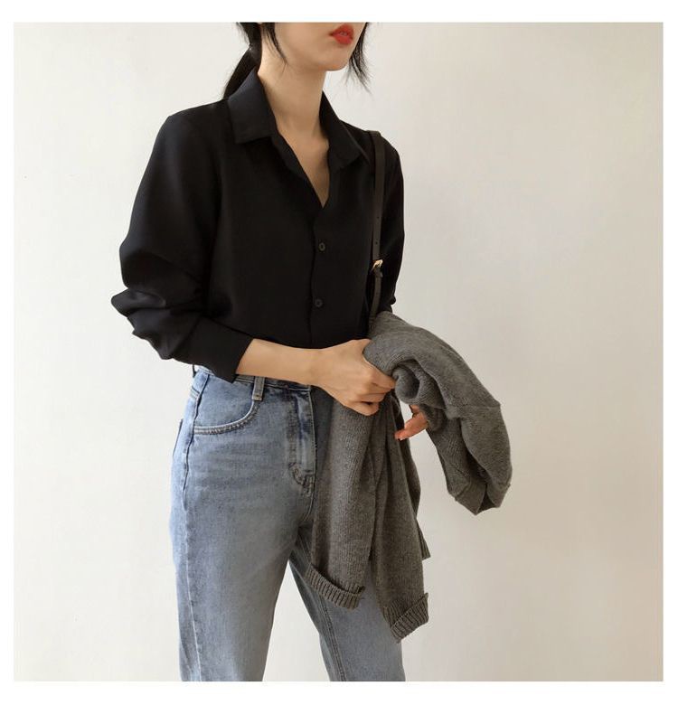 Black chiffon shirt for women, loose polo collar long-sleeved top, professional OL, solid color Hong Kong-style base, elegant shirt for women pic 4