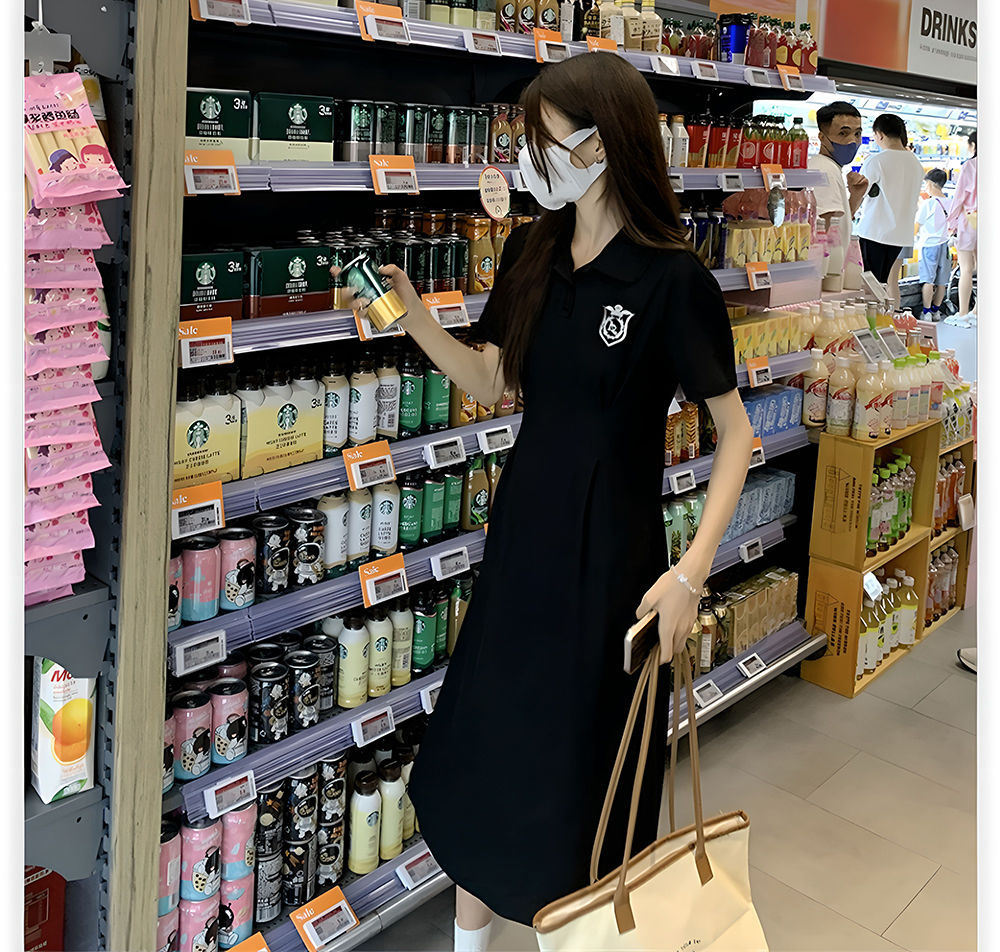 夏季POLO领短袖连衣裙女收腰显瘦过膝长裙学院风中长款休闲A字裙详情26