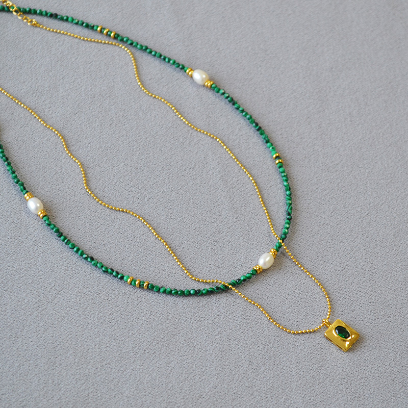 法式小众文艺复古孔雀石串珠祖母绿几何方形吊坠双层叠戴气质项链详情8