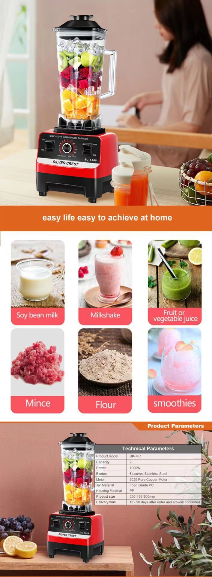 跨境家用研磨机blender4500w双杯破壁搅拌机碎冰机辅食机料理机冰详情13