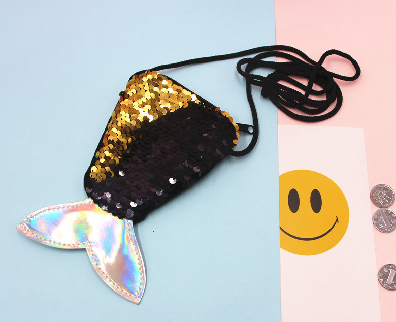 亮片美人鱼挂绳硬币包小钱包儿童斜跨小包鱼尾巴双色亮片零钱包女详情16