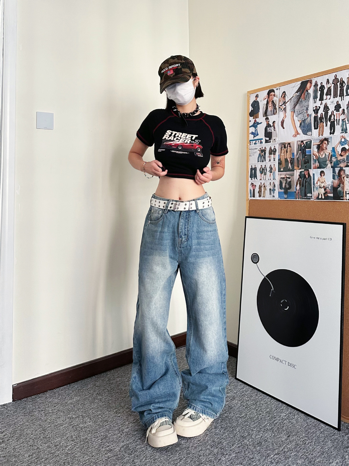 carmour|韩版复古中腰牛仔裤男女浅蓝色水洗设计感宽松直筒阔腿裤详情10