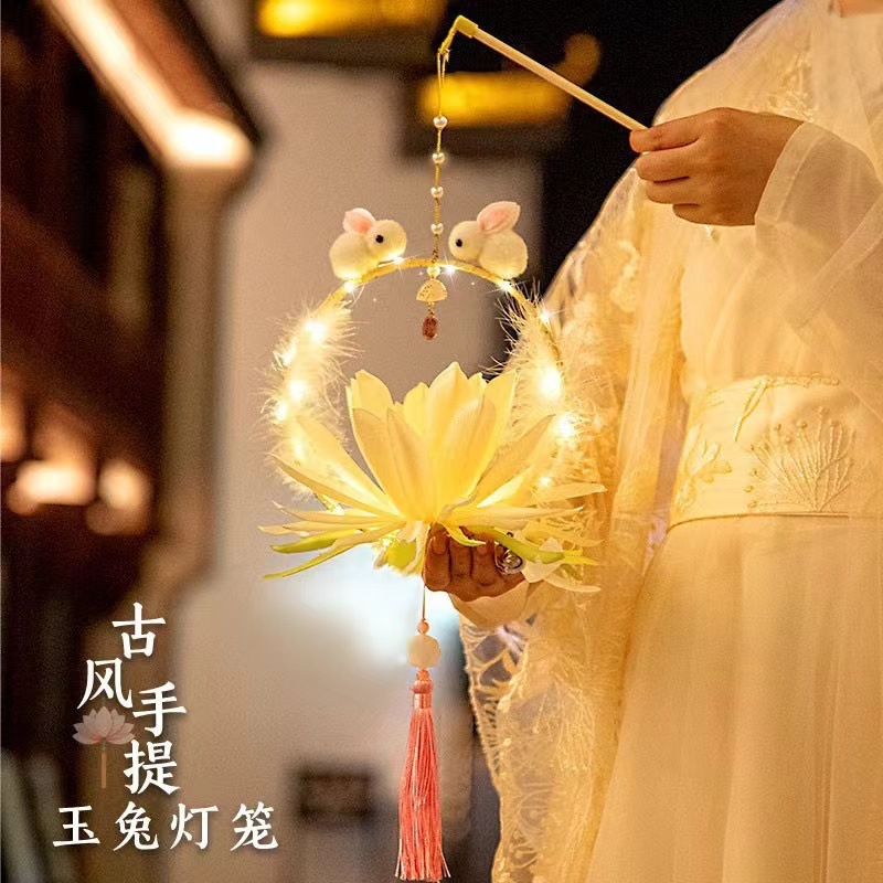 中秋节古风手提儿童兔子花灯昙花羽毛玉兔宫灯发光兔子灯笼成品详情5