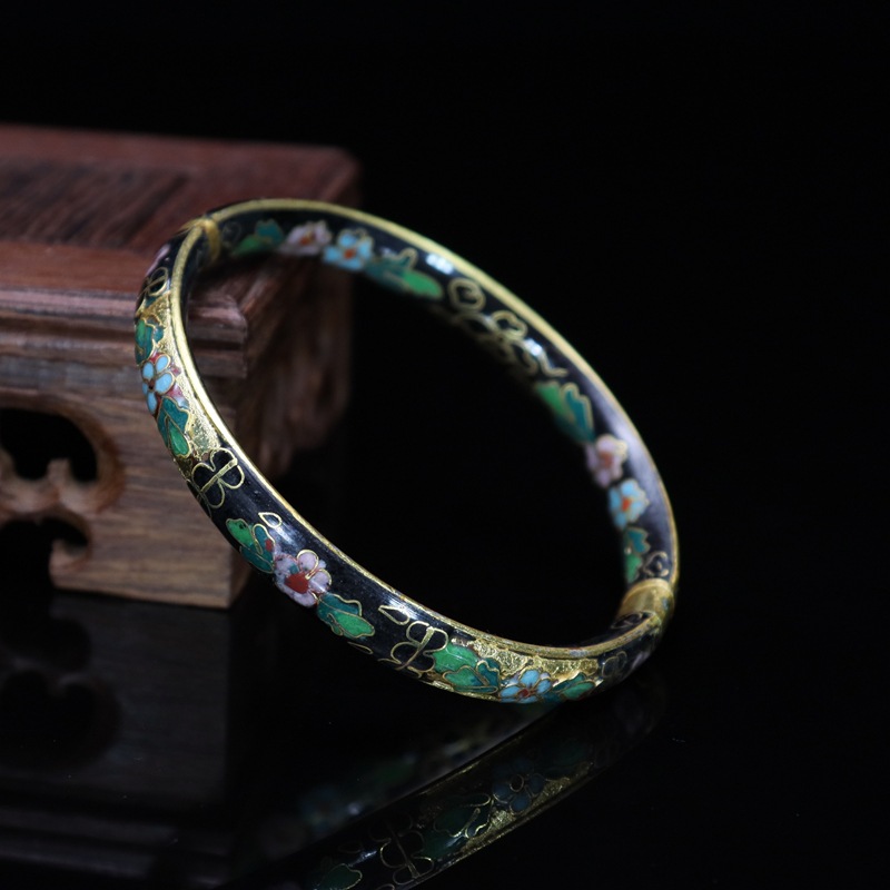 Beijing Cloisonne vintage collectibles, classical ethnic style copper body cloisonne enamel jewelry, semi-gold base bracelet pic 13