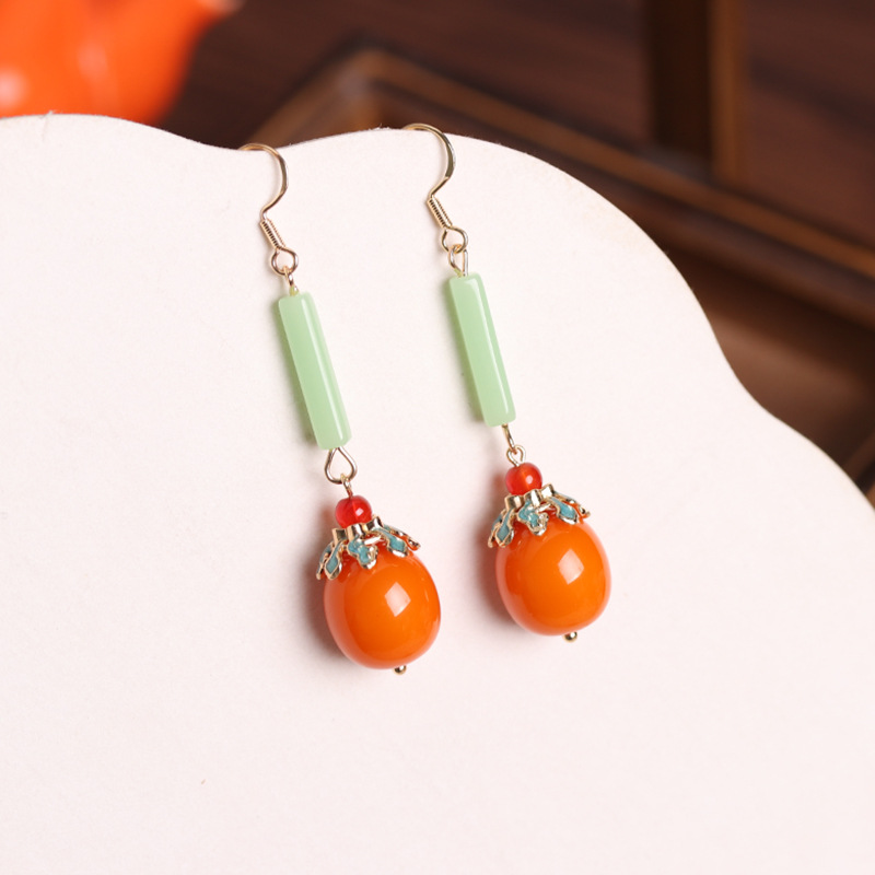 New Chinese-style national trend retro jewelry enamel niche 925 ear needle magnolia flower imitation Hetian jade ancient-style earrings pic 12