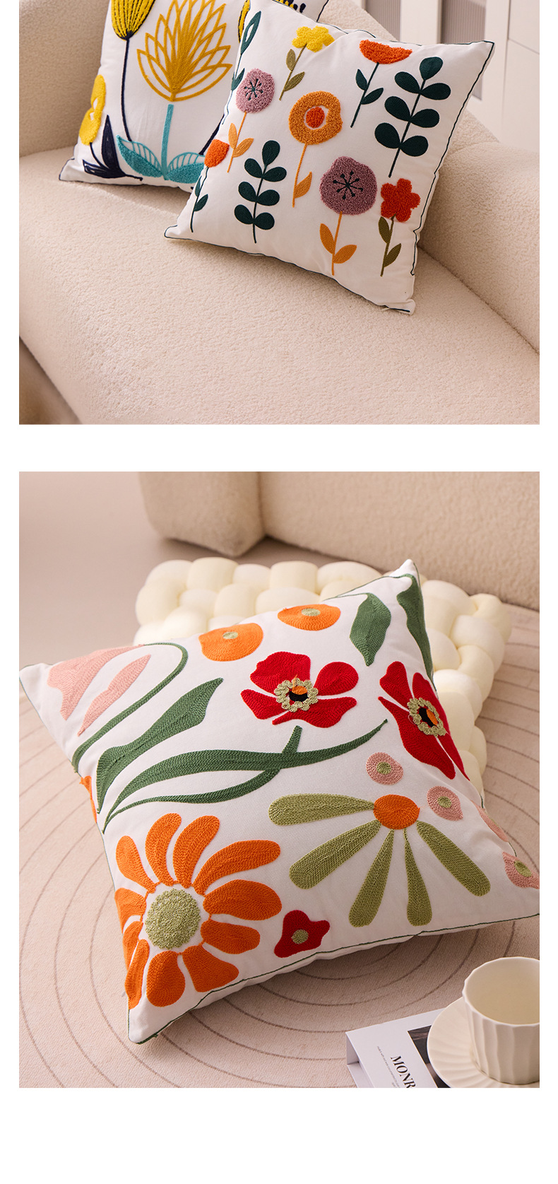 新款跨境花卉毛巾刺绣抱枕套床头靠垫沙发车客厅靠枕靠背腰可含芯详情10