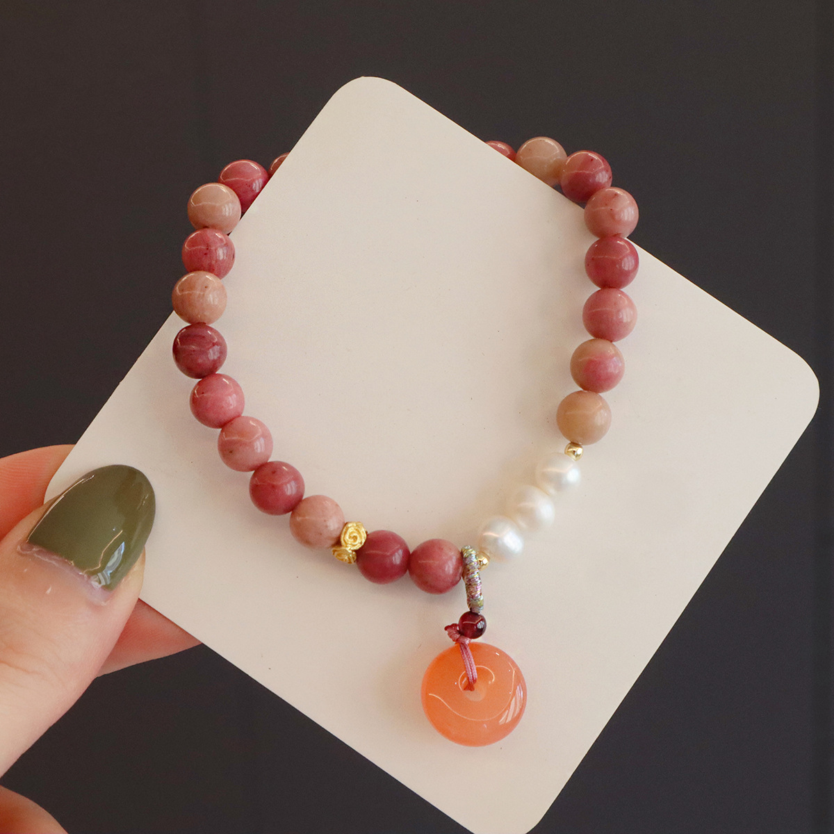 红纹石手链天然淡水珍珠玉髓高级感天然石手串女平安扣星星设计详情9