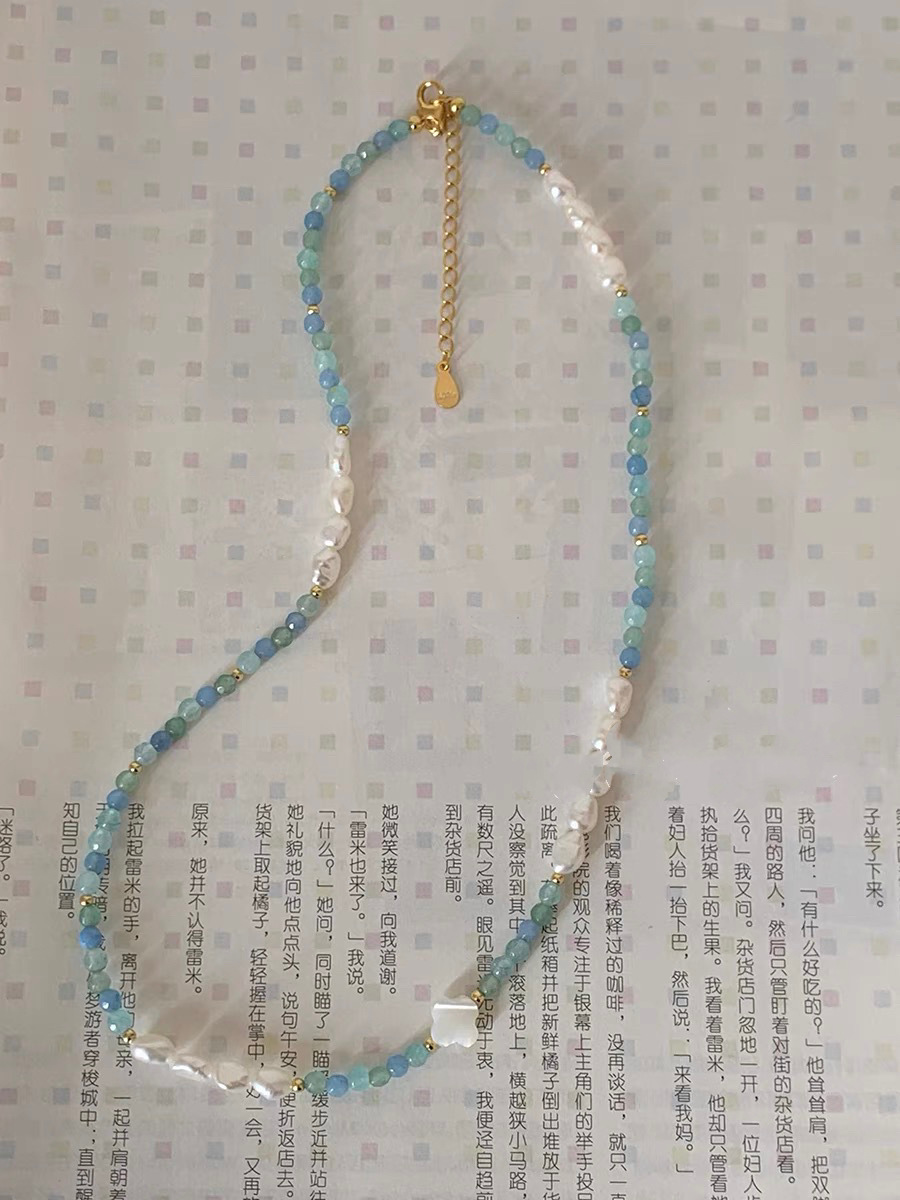 海蓝宝天然石贝母幸运草项链气质淡水珍珠贝壳蓝绿串珠小清新项链详情3
