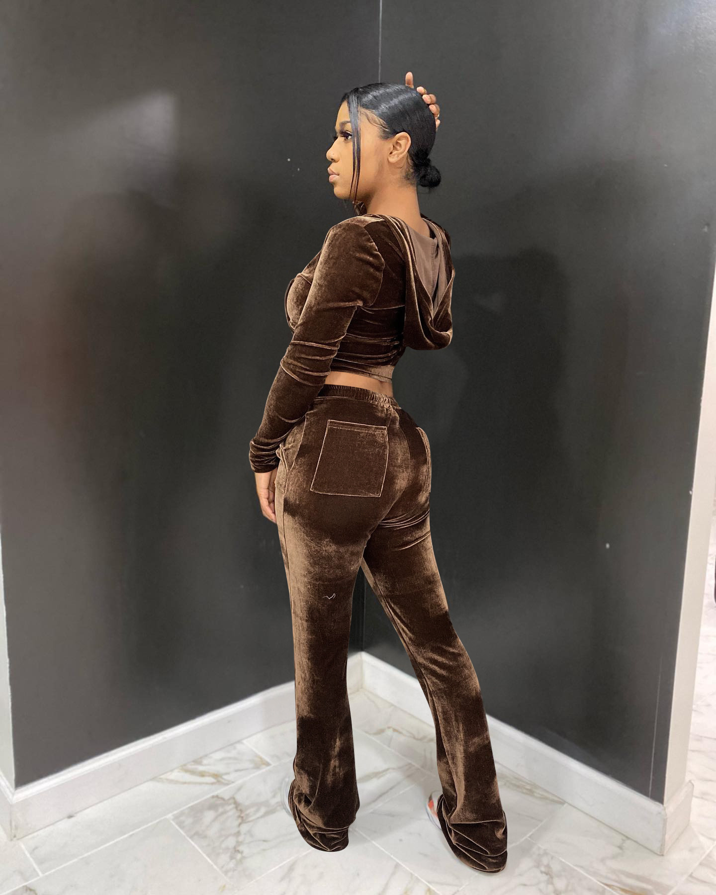 Solid color gold velvet wide-leg pants two-piece set pic 87