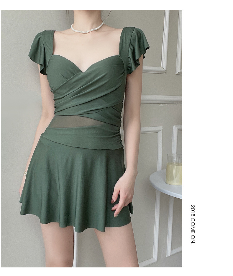 泳衣女款连体纯色法式泳衣批发保守显瘦钢托文胸连衣裙式泳衣温泉详情15