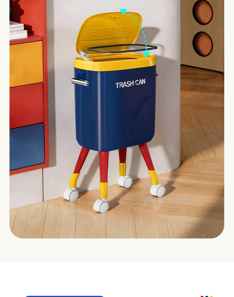 Free shipping, high-legged, wheeled, color-blocking kitchen trash can for home use, 5 new high appearance level, movable, large capacity, no need to bend over pic 10