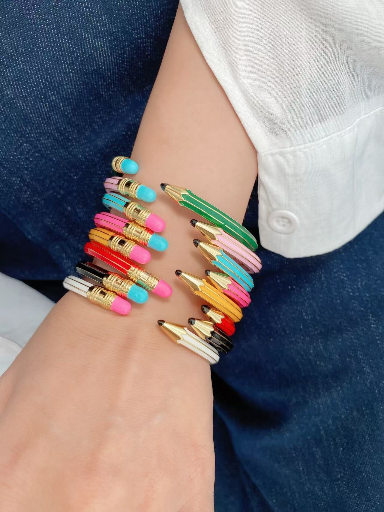 Cross-border new product pencil eraser bracelet, personalized and creative fashion style, enamel color open bracelet with a patchwork feel, for women pic 3