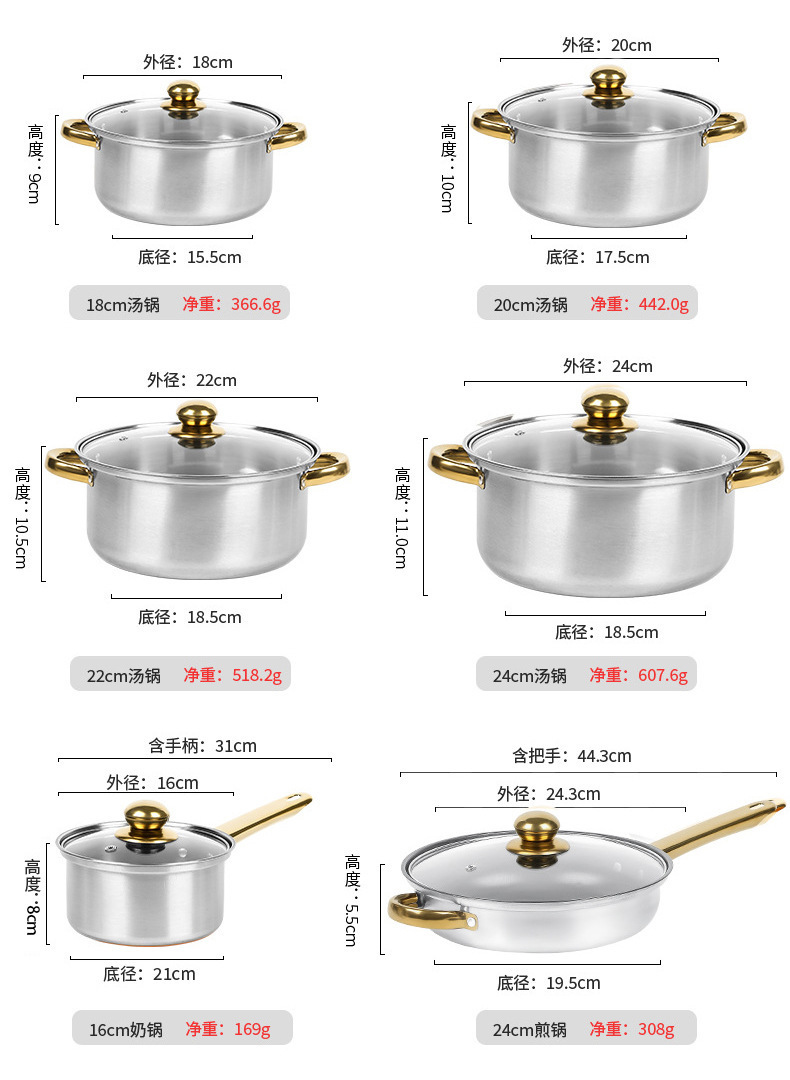 不锈钢12件锅具套装外贸跨境奶锅汤锅煎锅组合stainless pots套装详情7