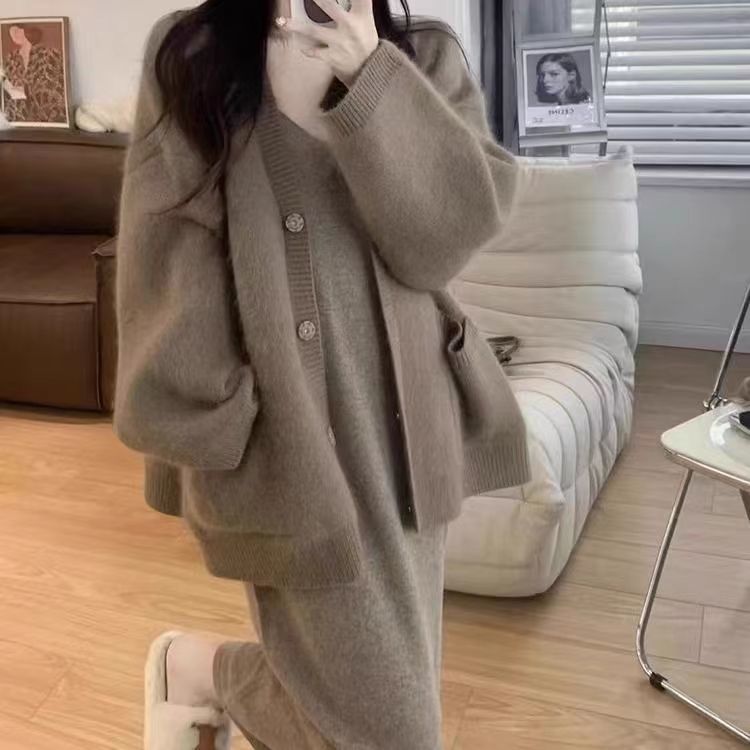 大码胖mm韩系慵懒风针织开衫毛衣女内搭连衣裙两件套秋季2024新款详情12