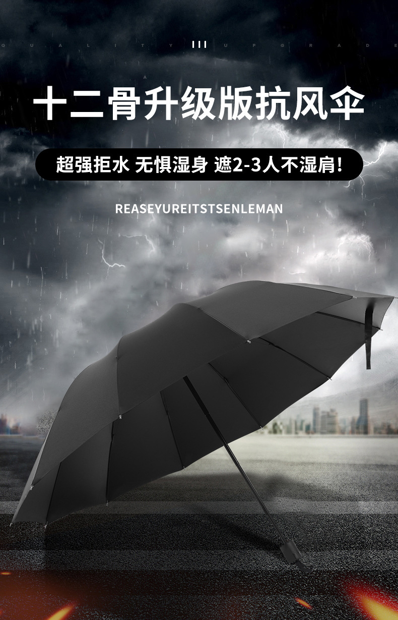 12骨加大黑胶晴雨伞两用男士商务伞三折叠防晒遮阳双人广告伞批发详情4