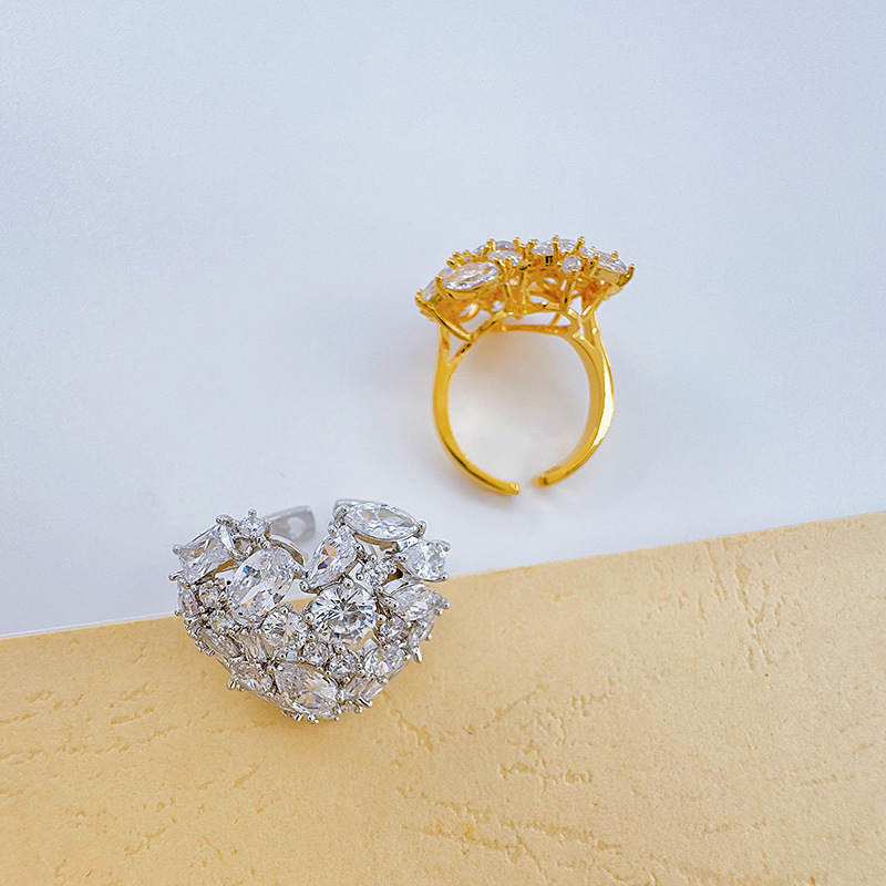 跨境新款亚马逊锆石活口戒指个性奢华爱心满钻戒指时尚气质开口戒详情5
