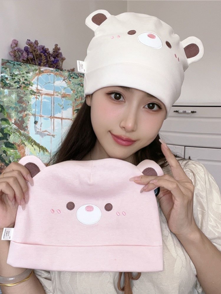 秋冬月子帽双层纯棉产妇坐月子保暖防风帽子孕妇帽时尚可爱小熊帽详情6