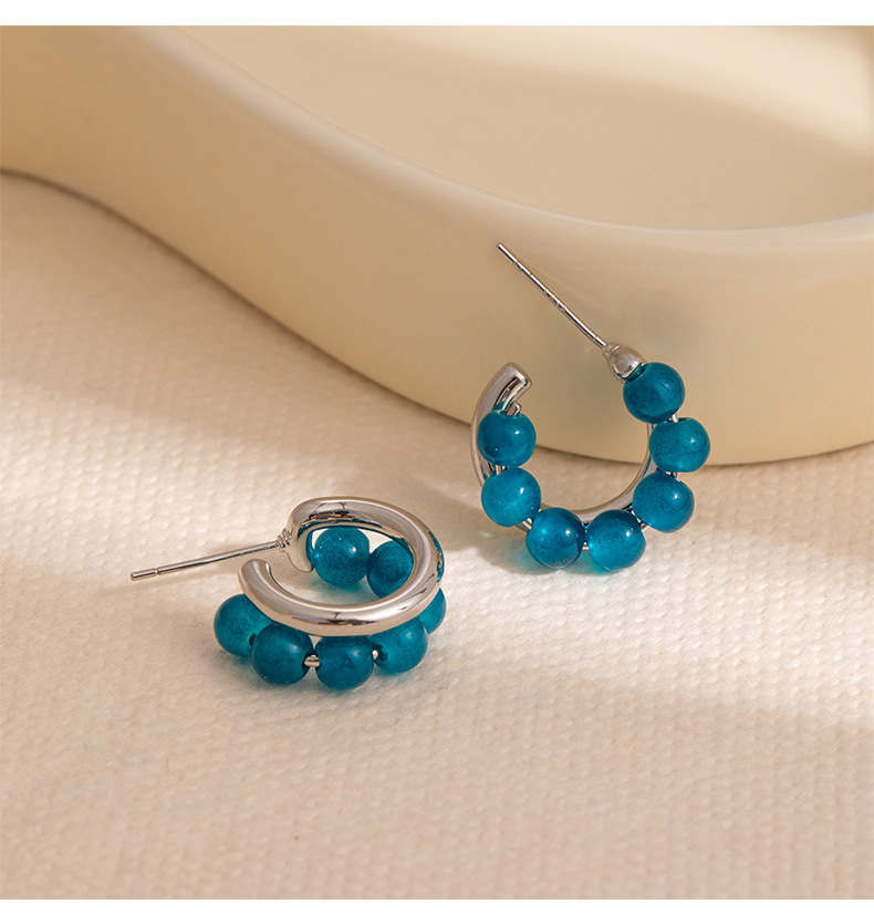 Retro ins style, niche, fair and high-end, versatile earrings, Caucasian green double-ring natural stone beaded earrings for women pic 31