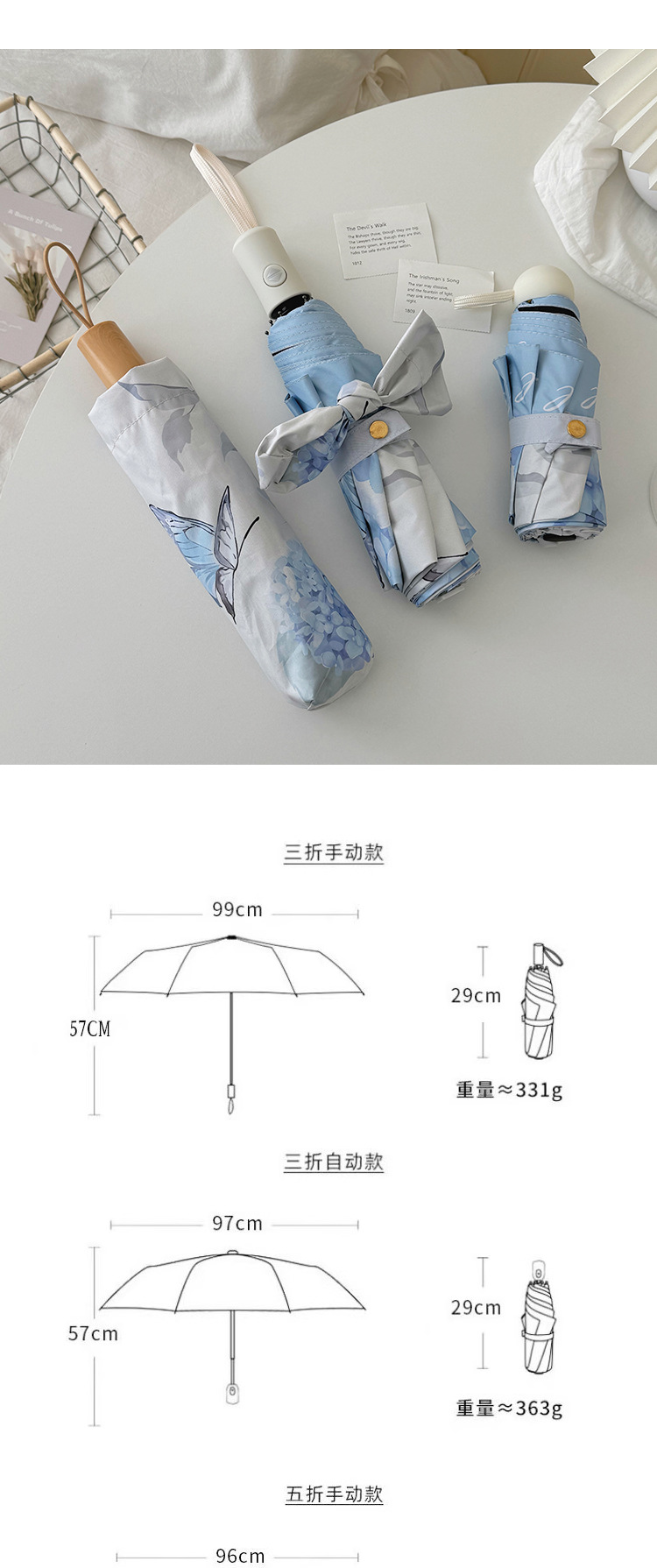蓝色绣球花图案长柄伞色丁24骨雨伞定制一次性雨伞详情11