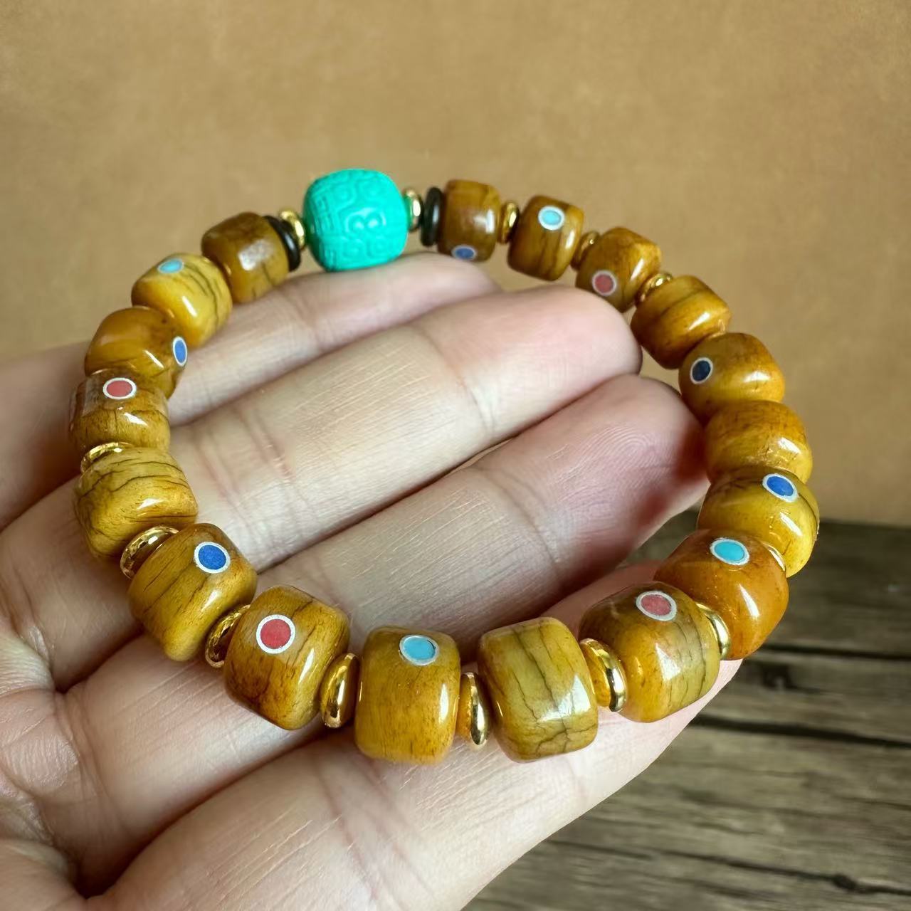 Authentic Tibetan yak bone bracelet for men, inlaid with gemstones and old pearl accessories, ethnic style Tibetan-style bone bracelet collectible pic 13