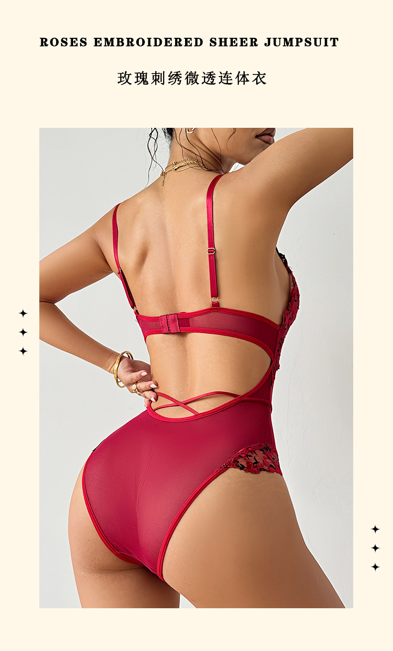 Spicy girl style sexy one-piece dress, floral embroidery, lace, see-through, cross-cut, beautiful back, cinched waist, one-piece erotic dress 8125 pic 4
