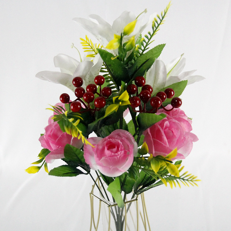 跨境仿真玫瑰花婚庆百合发财果冬青果12头仙桃玫仿真绢花家居花艺详情8