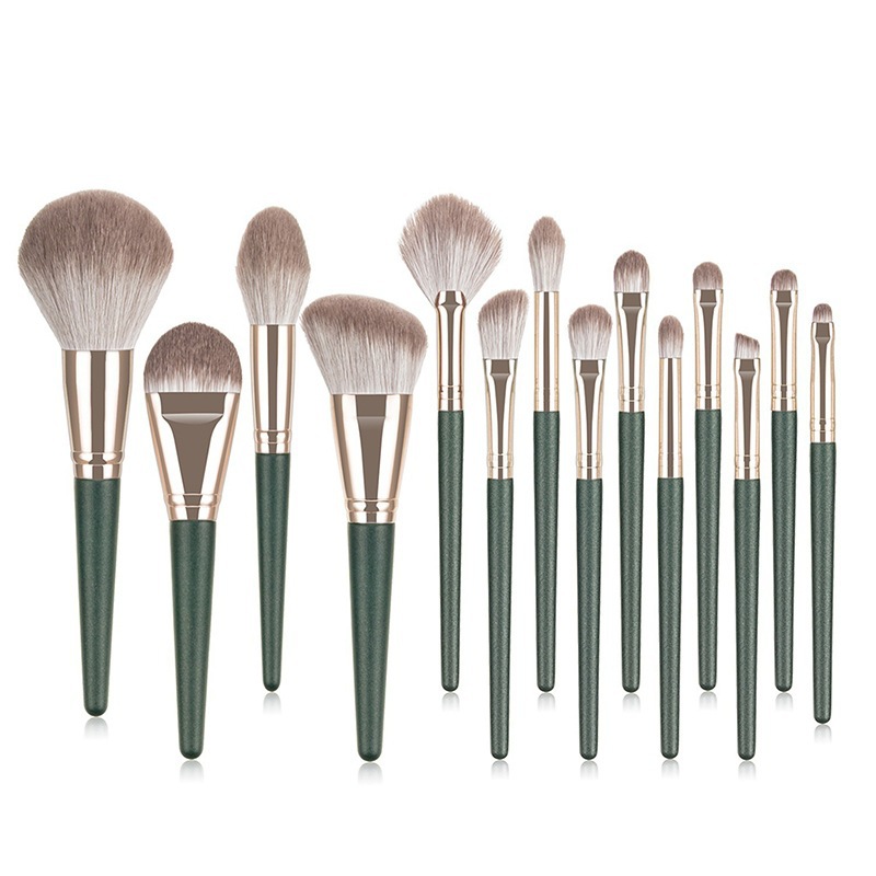 14pcs green cloud make-up brush set cangzhou suave lana polvo suelto sombra de ojos cepillo conjunto completo con PU rolls de almacenamiento de belleza portátil trabajador pic 10