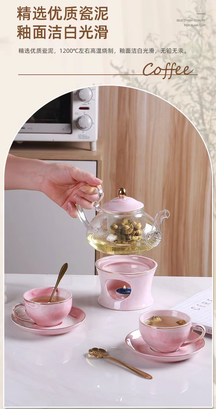 English flower teapot, candle heating, fruit teapot set, glass beauty salon teapot, ceramic afternoon tea cups pic 3