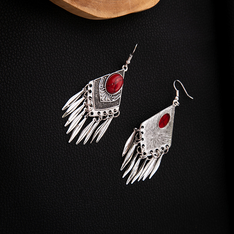 欧美波西米亚蓝松石民族风耳钉 仿苗银金属耳坠复古流苏耳饰批发详情20