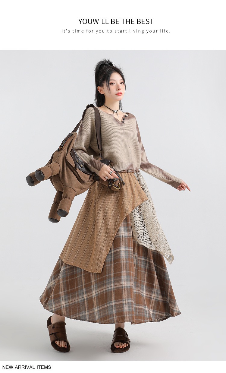 Forest-themed retro checkered skirt for women 2025 new autumn and winter design, irregularly pieced high-waisted A-line long dress pic 34