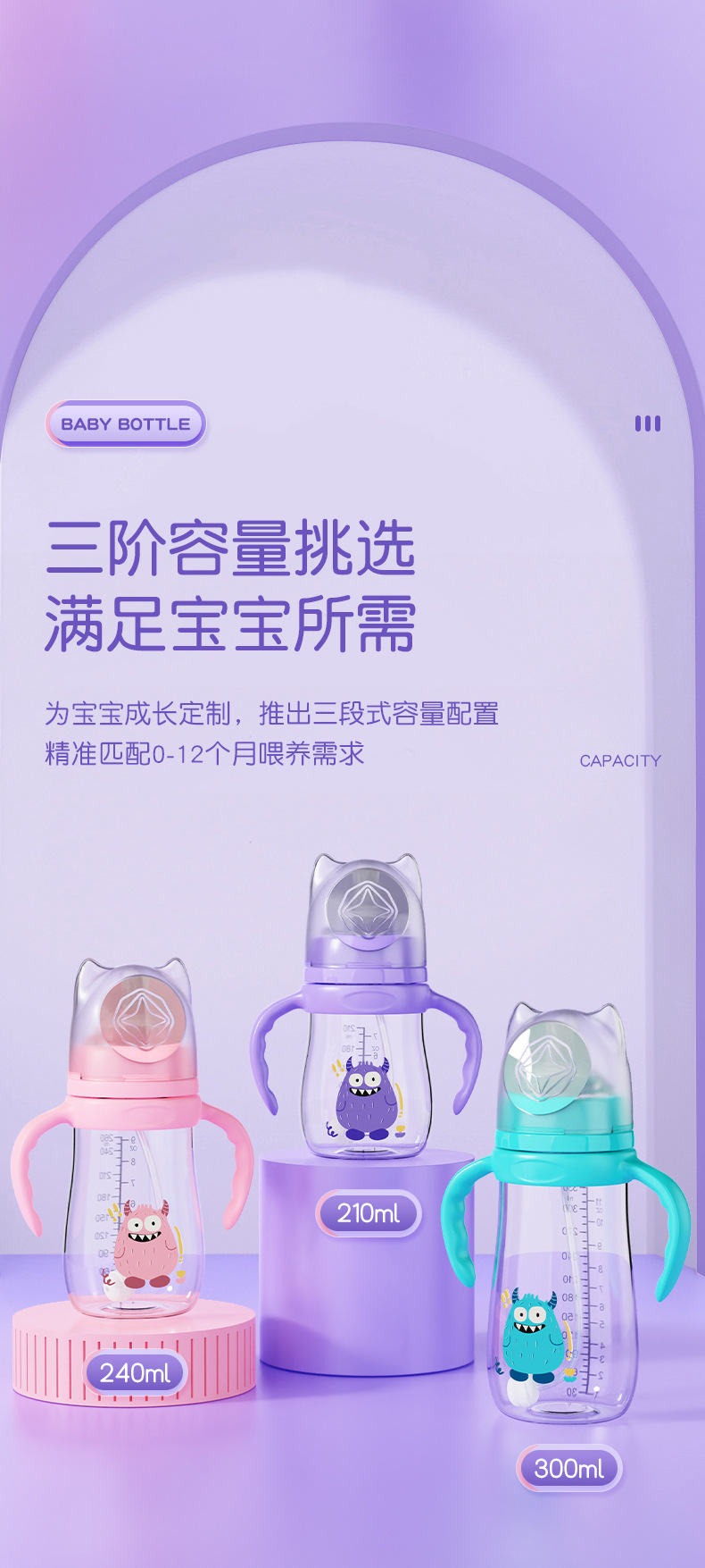 英文盒装一口吸奶嘴210/240/300ml怪兽系列带手柄PP奶瓶有吸管详情1
