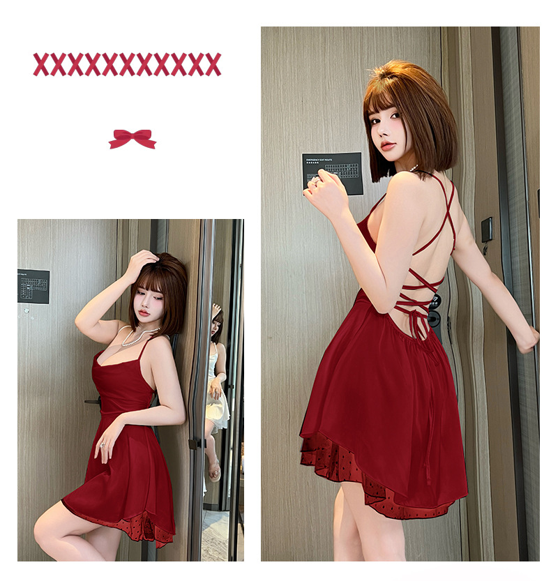 Feiyun Sexy Halter sleeping Dress for Women, pure and sensual style, mesh lace cross-tied backless short skirt, romantic underwear 840 pic 9